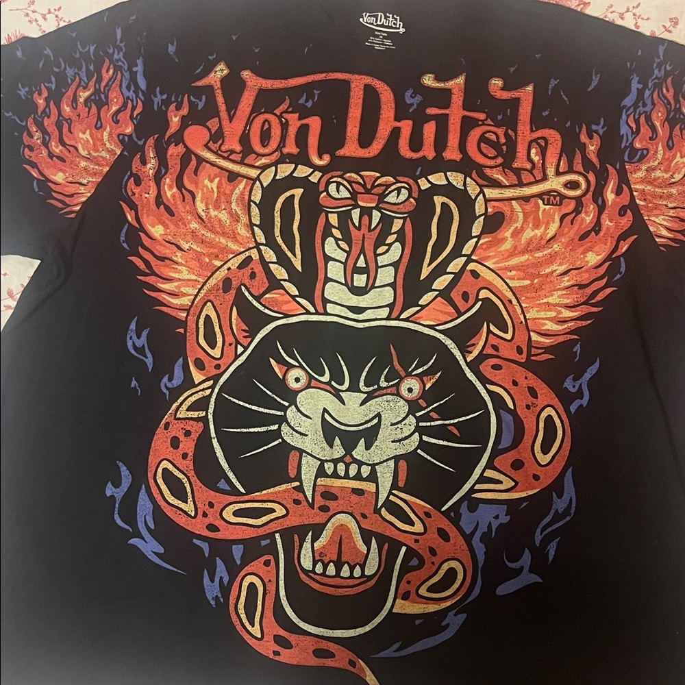 Von Dutch Black Tee with Fiery Snake Design